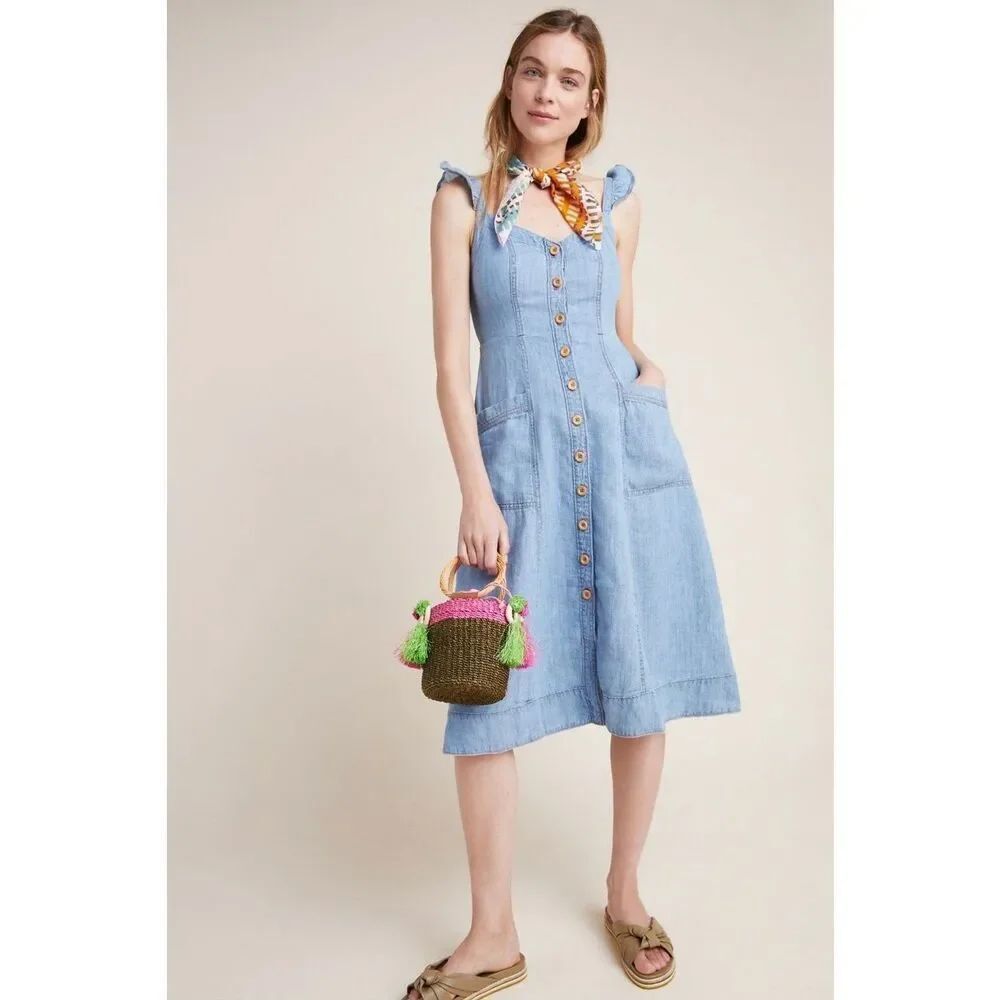 Pilcro Rostand Button-Front Midi Dress in Vintage Medium Denim Size 14